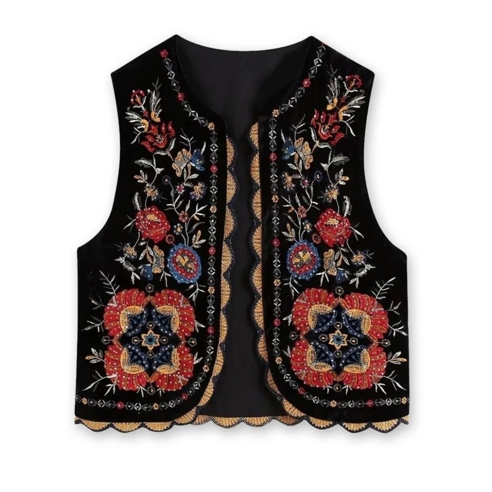 Vintage Black Velvet Embroidered Floral Open Front Vest Boho Folk Art Scalloped - Picture 2 of 7